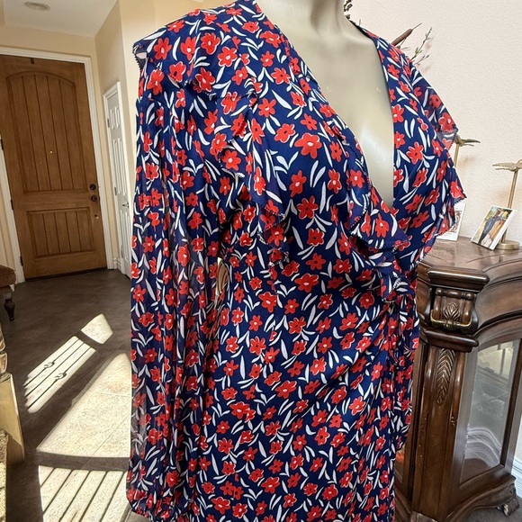 ESCADA Sport Floral Ruffle Wrap Dress EU 38 Blue Red Long Sleeve Midi MSRP $695 - Picture 3 of 11